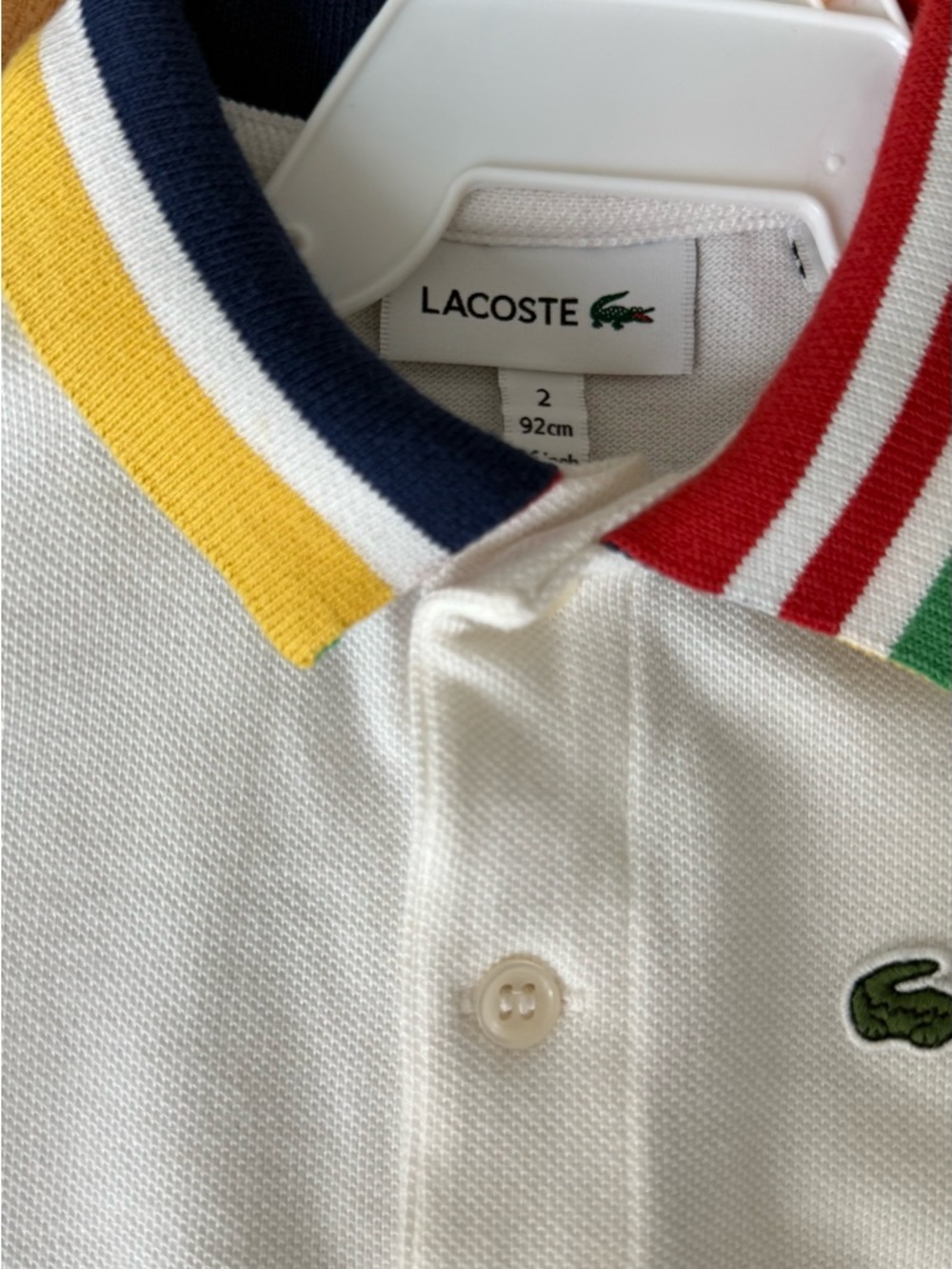 Lacoste White Kids Polo with Multicolor Stripe Collar and Trim - Picture 3 of 4